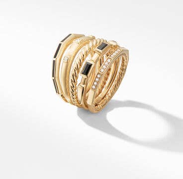 Stax Five Row Ring in 18K Yellow Gold with Black Spinel, Black Enamel and Pavé Diamonds