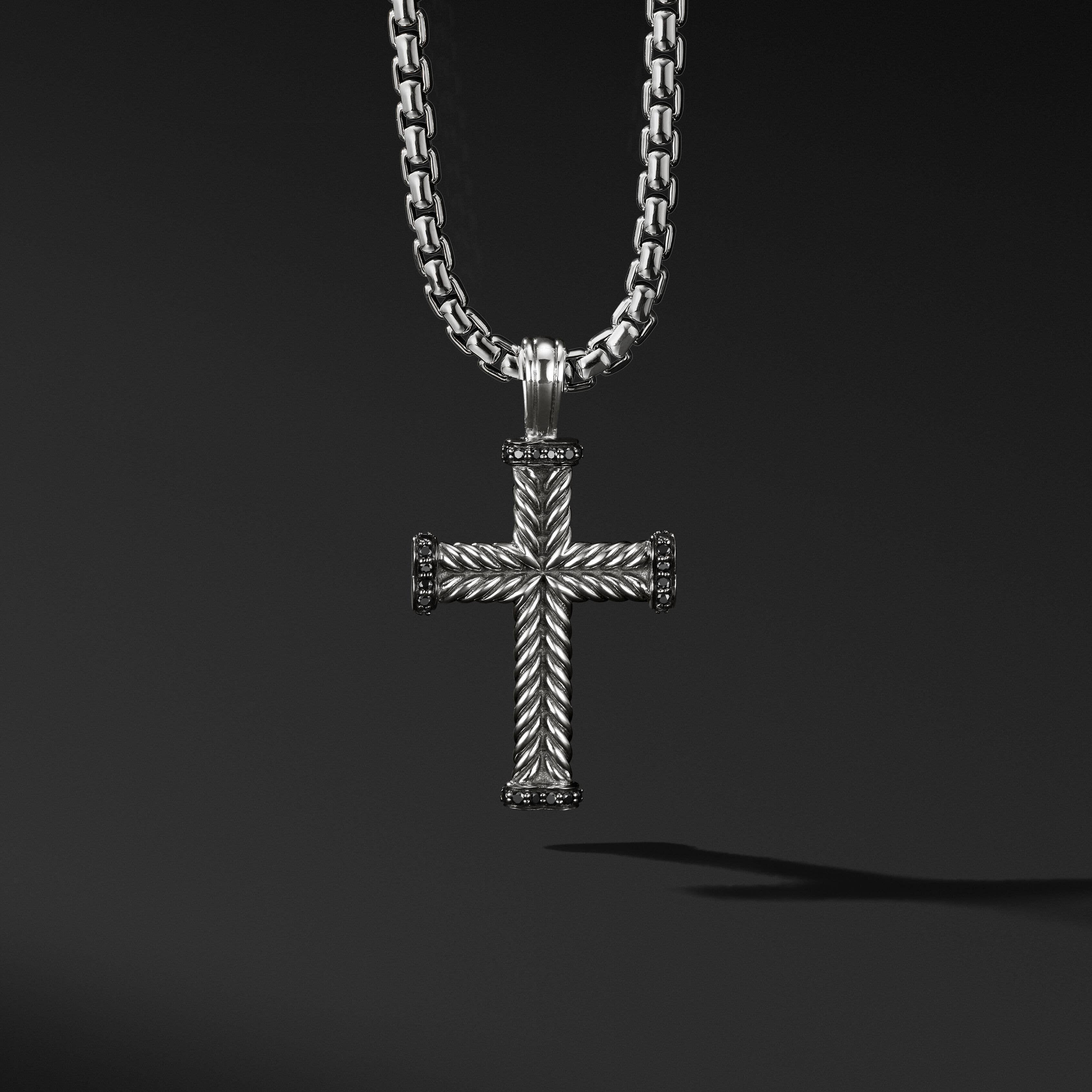 Chevron Cross Pendant in Sterling Silver with Pavé Black Diamonds