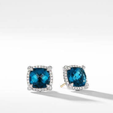 Chatelaine® Pavé Bezel Stud Earrings in Sterling Silver with Hampton Blue Topaz and Diamonds