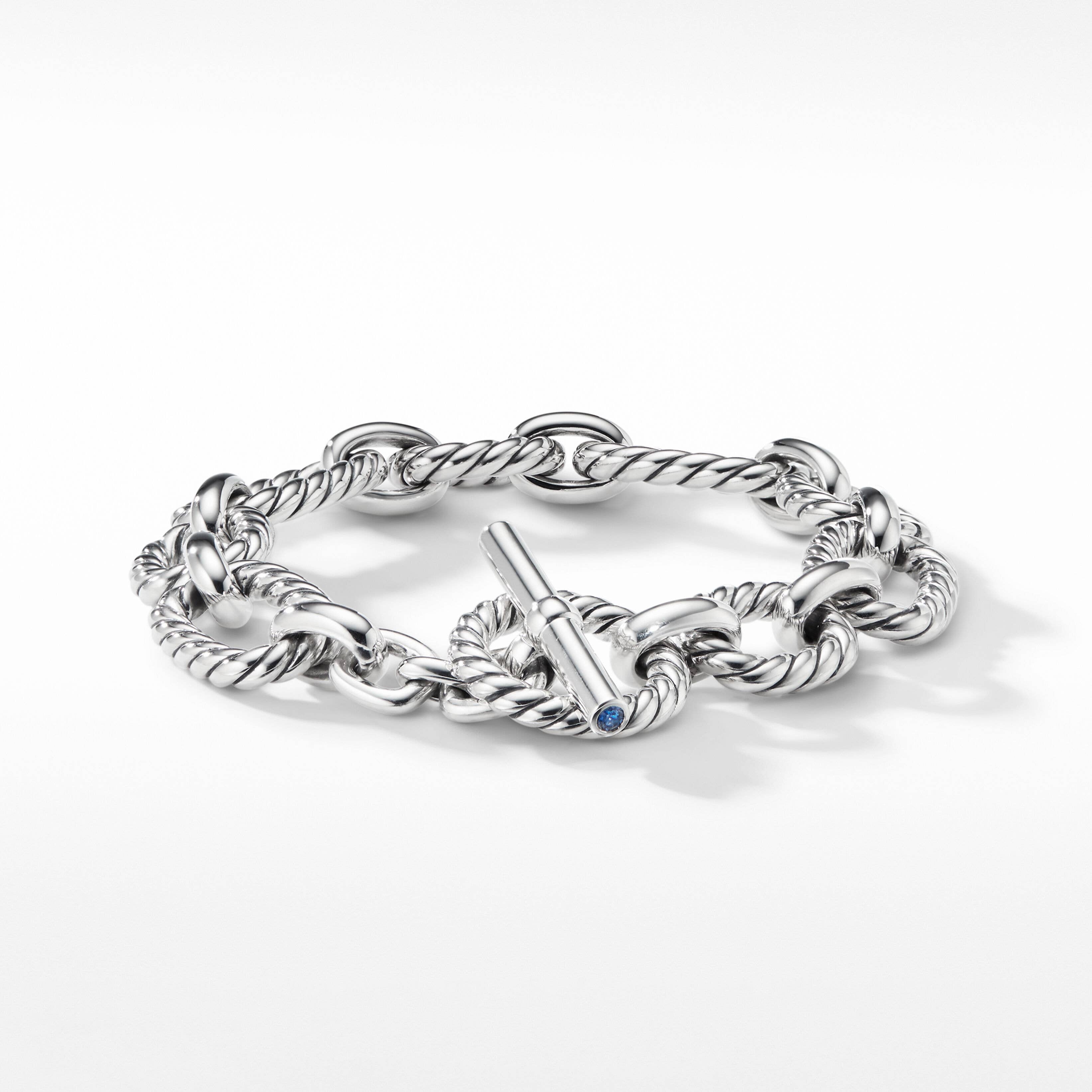 Cushion Link Chain Bracelet in Sterling Silver with Blue Sapphires