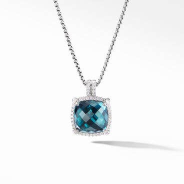 Chatelaine® Pavé Bezel Pendant Necklace in Sterling Silver with Hampton Blue Topaz and Diamonds