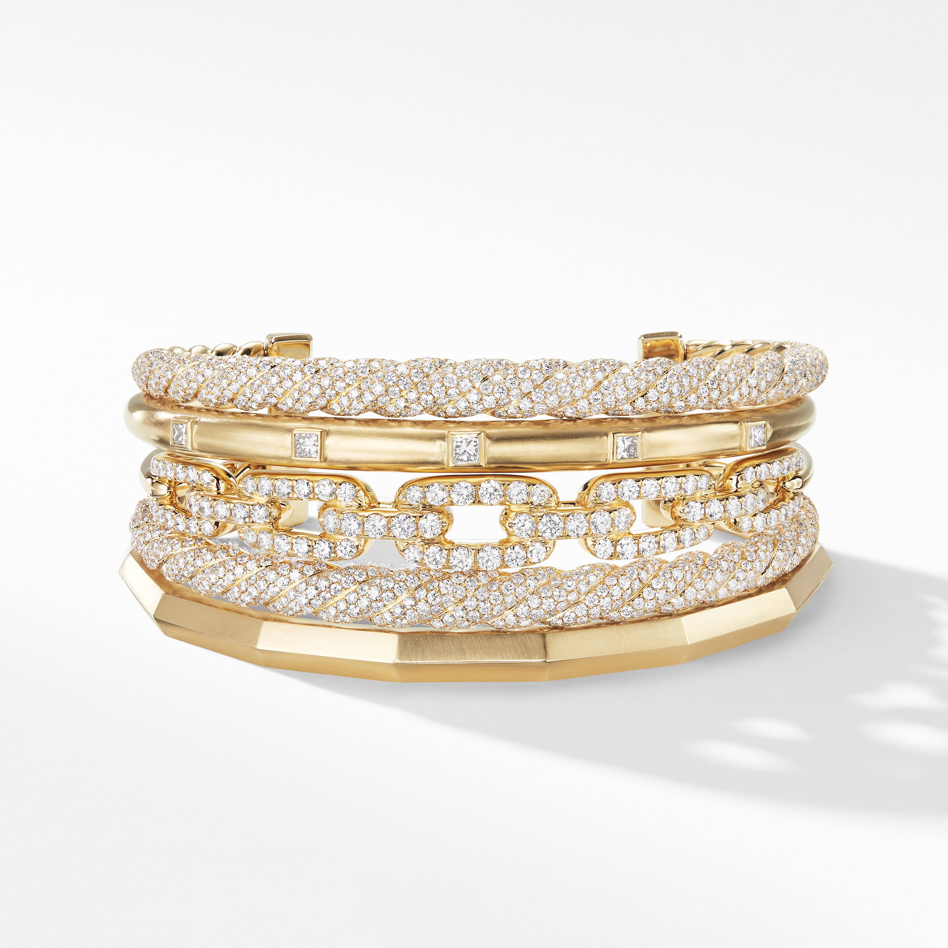 Stax Five Row Cuff Bracelet in 18K Yellow Gold with Pavé Diamonds