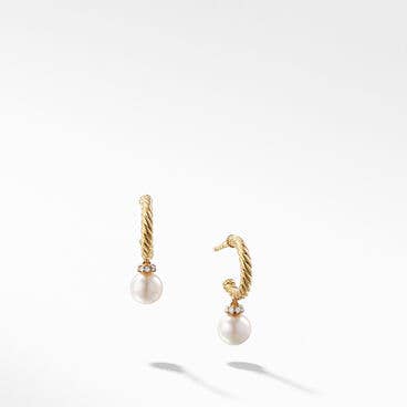 Petite Solari Hoop Drop Earrings in 18K Yellow Gold with Pearls and Pavé Diamonds