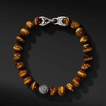 Spiritual Beads Bracelet in Sterling Silver with Tiger's Eye and Pavé Black Diamond Station