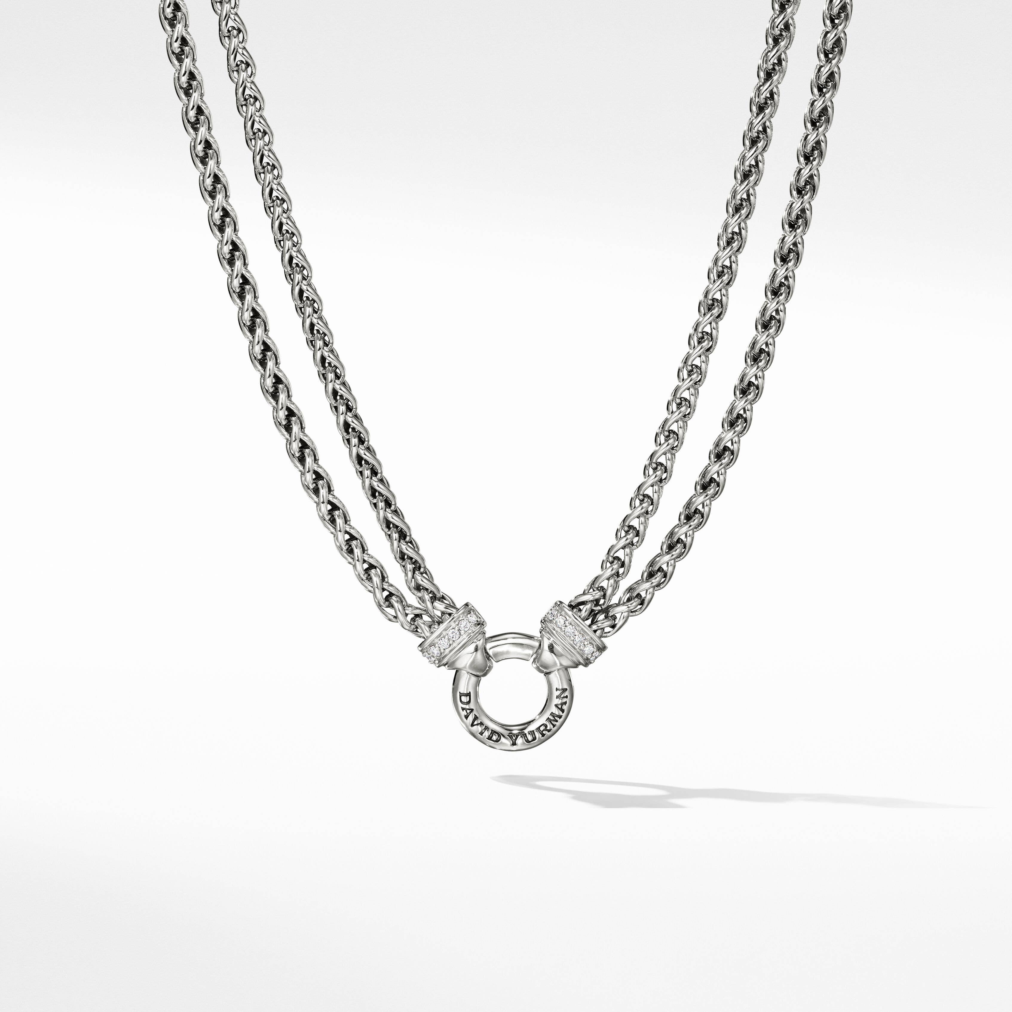 Double Wheat Chain Necklace in Sterling Silver with Pavé Diamonds