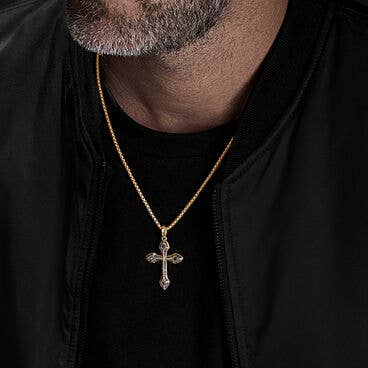 Gothic Cross Amulet in 18K Yellow Gold with Pavé Black Diamonds
