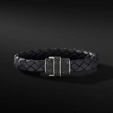 Woven Black Leather Bracelet with Pavé Black Diamonds