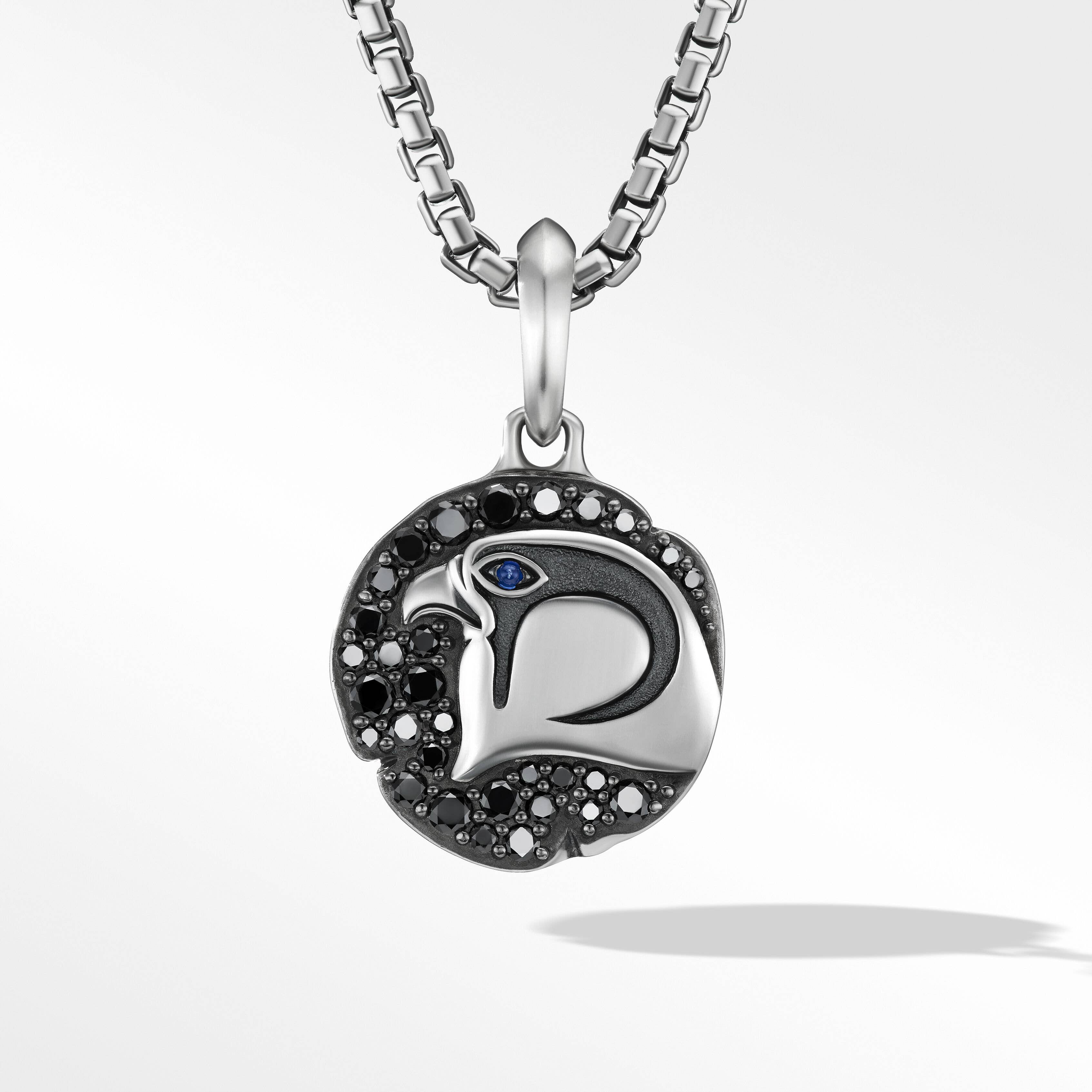 Cairo Falcon Amulet in Sterling Silver with Sapphire and Pavé Black Diamonds