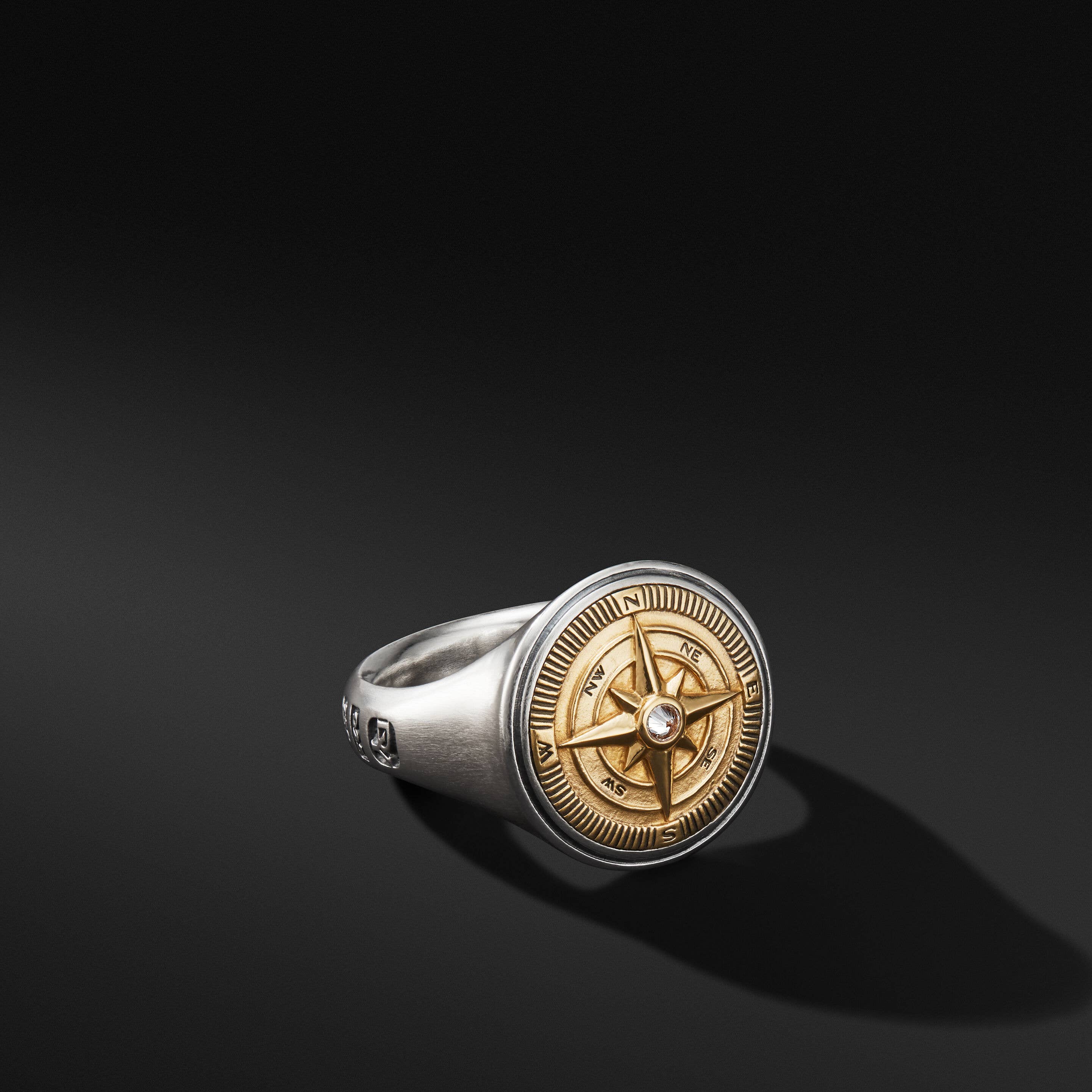 Maritime® Compass Signet Ring in Sterling Silver with 18K Yellow Gold and Center Diamond