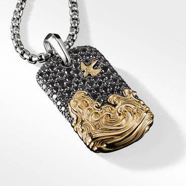Waves Tag in Sterling Silver with Pavé Black Diamonds and 18K Yellow Gold