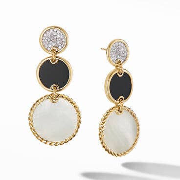DY Elements® Triple Drop Earrings in 18K Yellow Gold with Mother of Pearl, Black Onyx and Pavé Diamonds