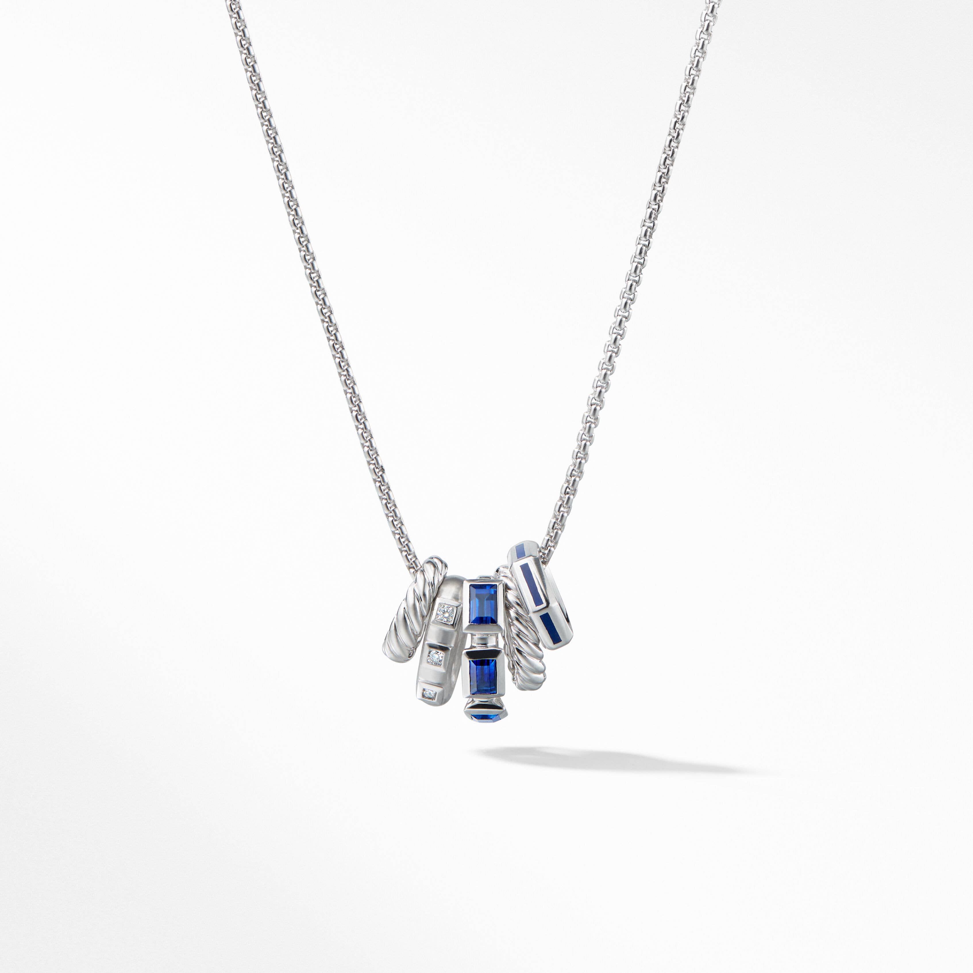 Stax Rondelle Pendant Necklace in 18K White Gold with Sapphires, Blue Enamel and Pavé Diamonds