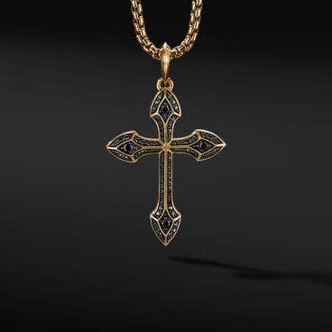 Gothic Cross Amulet in 18K Yellow Gold with Pavé Black Diamonds