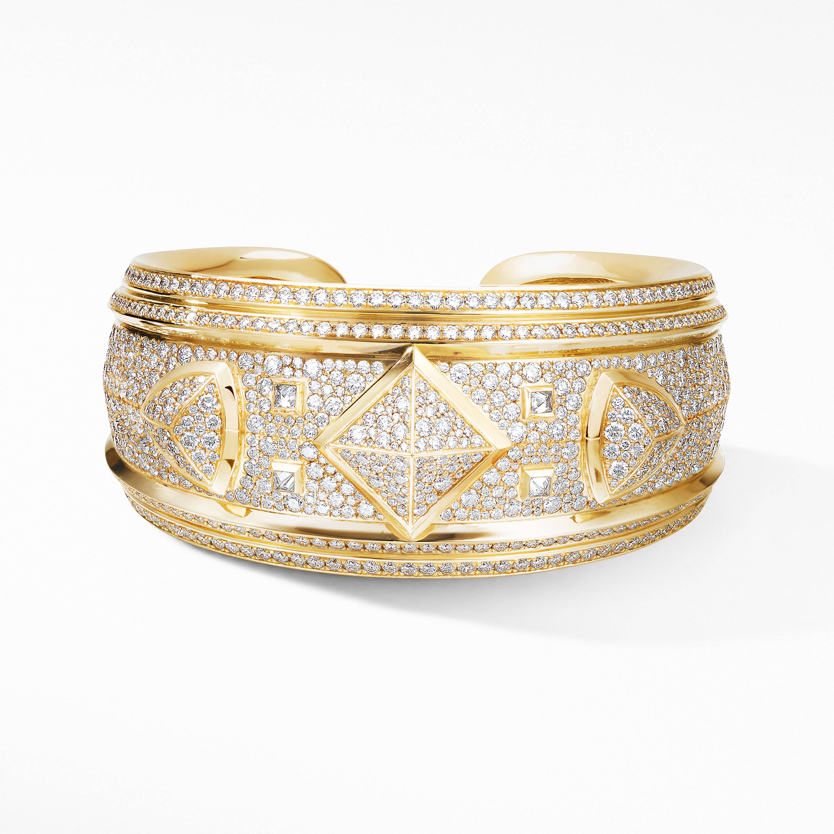Modern Renaissance Cuff Bracelet in 18K Yellow Gold with Full Pavé Diamonds