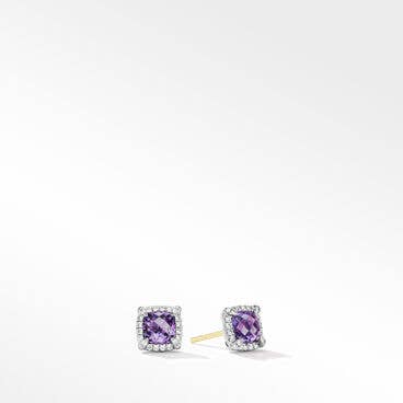 Petite Chatelaine® Pavé Bezel Stud Earrings in Sterling Silver with Amethyst and Diamonds