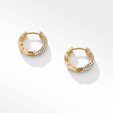 Cable Edge Huggie Hoop Earrings in Recycled 18K Yellow Gold with Diamonds, 13mm