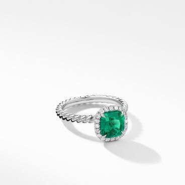 DY Cable Halo Engagement Ring in Platinum with Green Emerald, Cushion