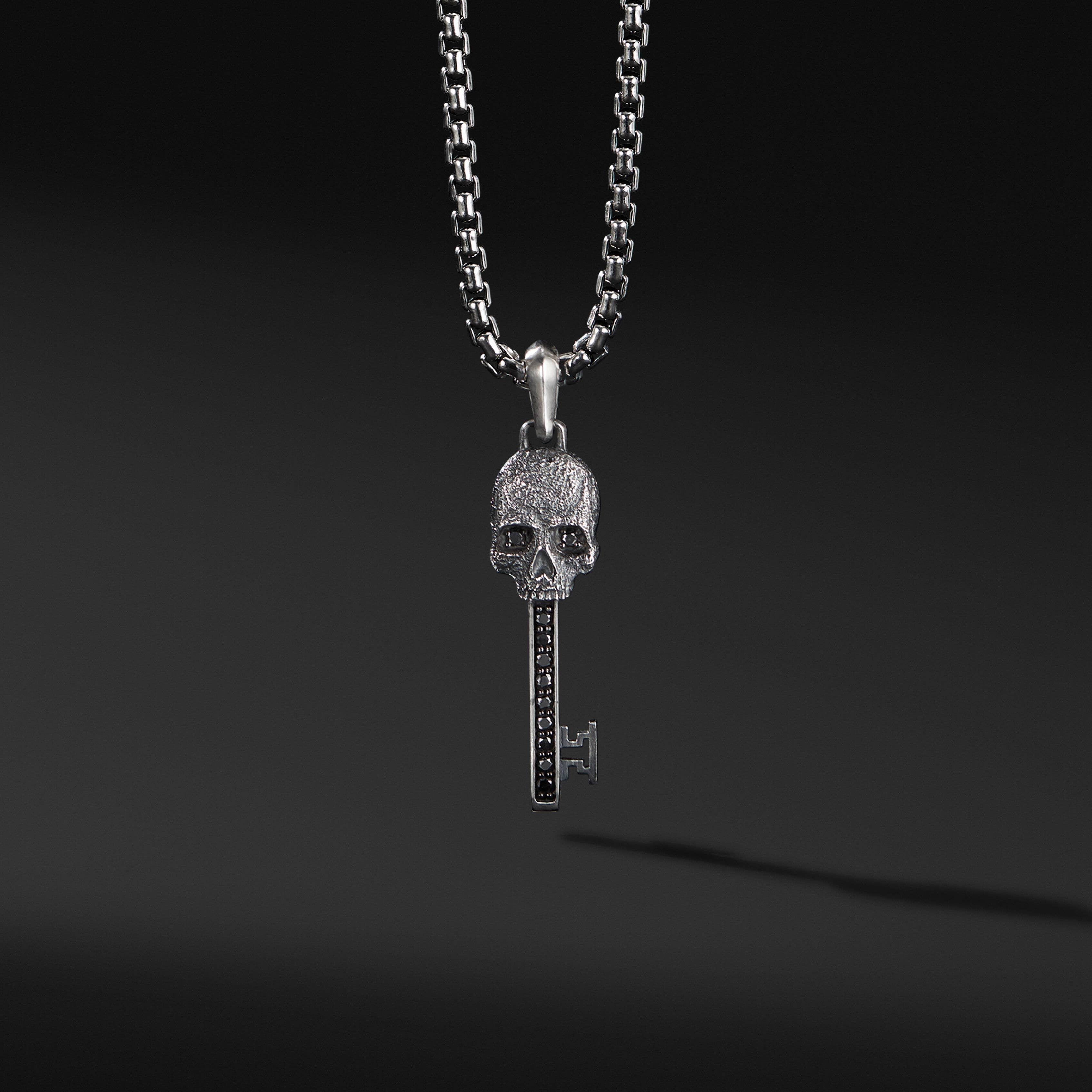 Memento Mori Skull Key Amulet in Sterling Silver with Pavé Black Diamonds