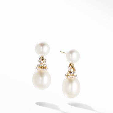 Helena Pearl Drop Earrings in 18K Yellow Gold with Pavé Diamonds