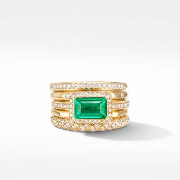 Stax Five Row Ring in 18K Yellow Gold with Emerald and Pavé Diamonds