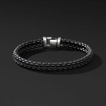 Woven Box Chain Bracelet in Sterling Silver with Black Stainless Steel and Black Nylon