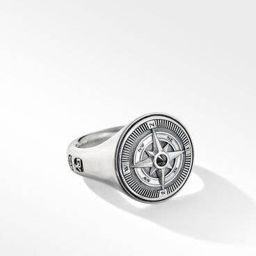 Maritime® Compass Signet Ring in Sterling Silver with Center Black Diamond