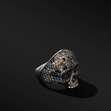 Memento Mori Skull Ring in Sterling Silver with Pavé Black Diamonds and Cognac Diamonds