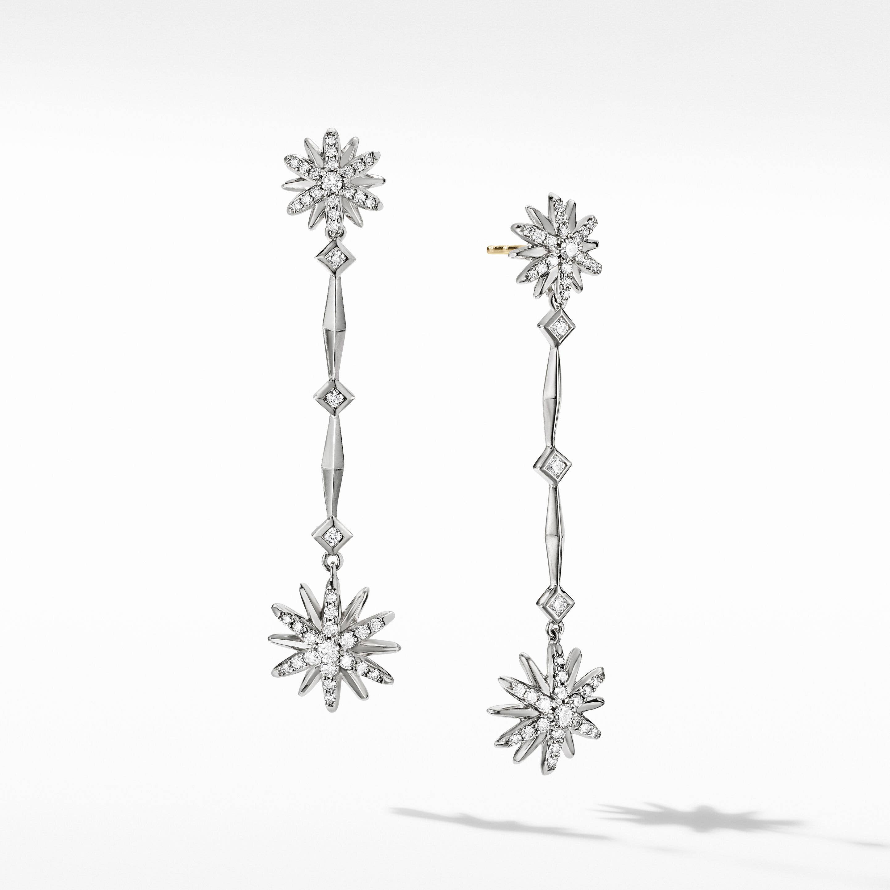 Starburst Stick Drop Earrings in Sterling Silver with Pavé Diamonds