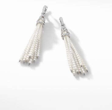 Helena Tassel Earrings with Pearls, Pavé Diamonds and 18K White Gold