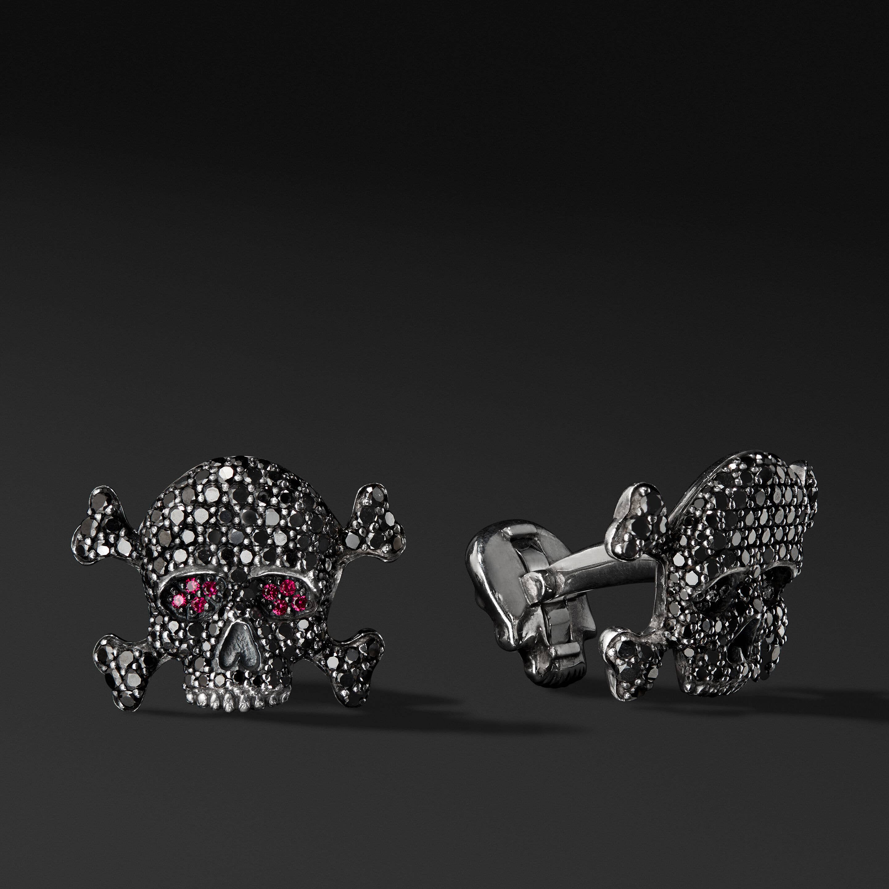 Memento Mori Skull Cufflinks with Pavé Black Diamonds and Rubies