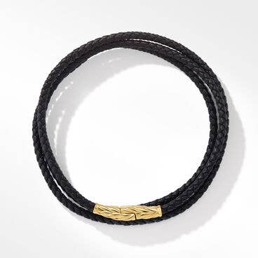 Chevron Triple Wrap Black Leather Bracelet with 18K Yellow Gold