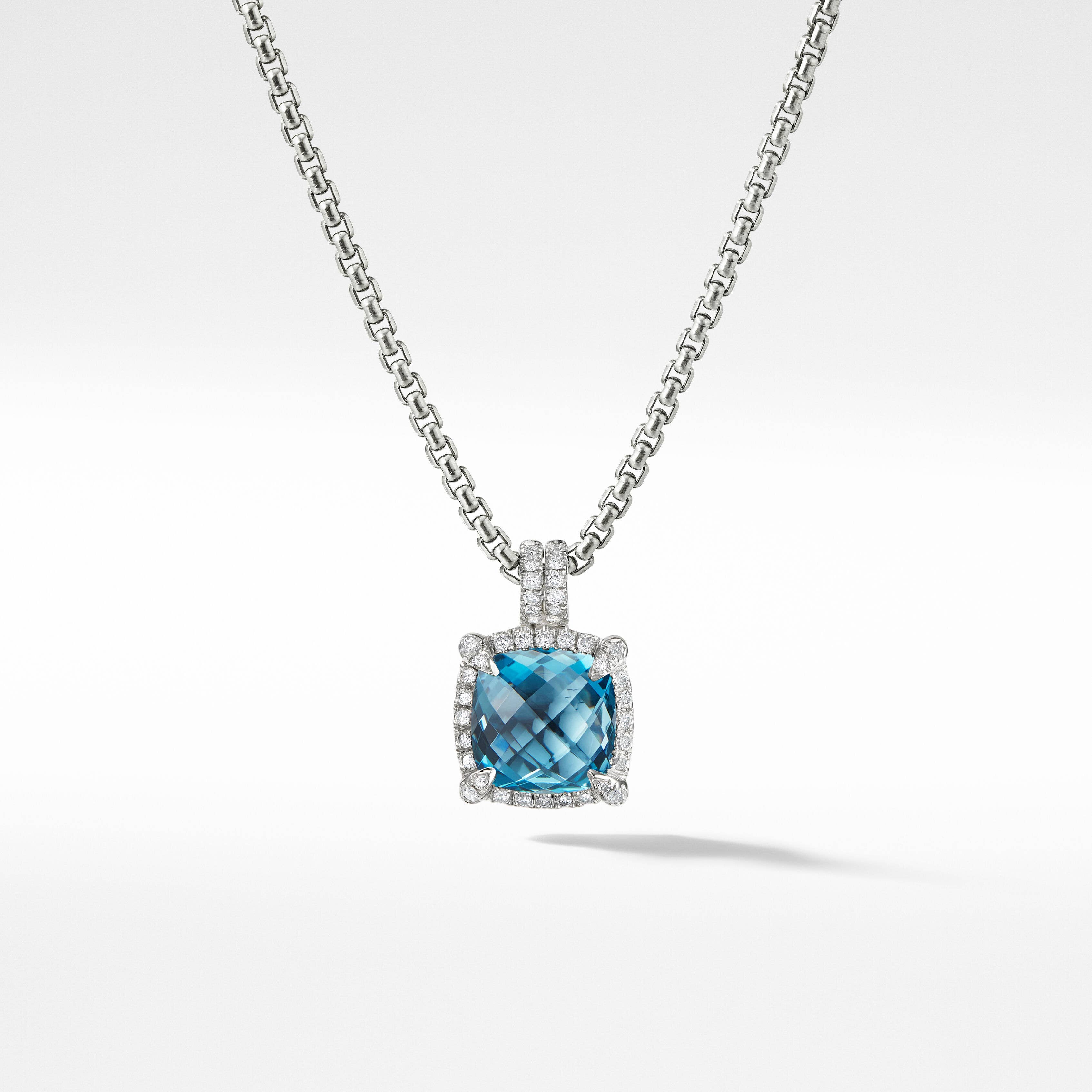 Chatelaine® Pavé Bezel Pendant Necklace in Sterling Silver with Hampton Blue Topaz and Diamonds