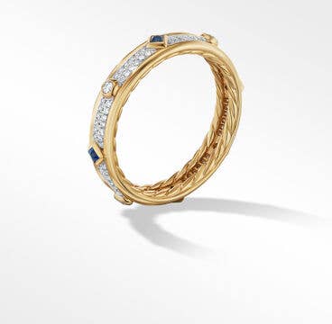 Modern Renaissance Band Ring in 18K Yellow Gold with Full Pavé Diamonds and Blue Sapphires