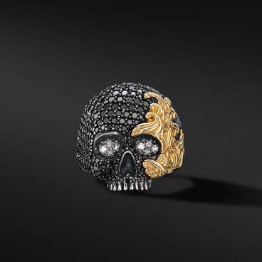 Waves Skull Ring with Pavé Black Diamonds, Diamonds and 18K Yellow Gold