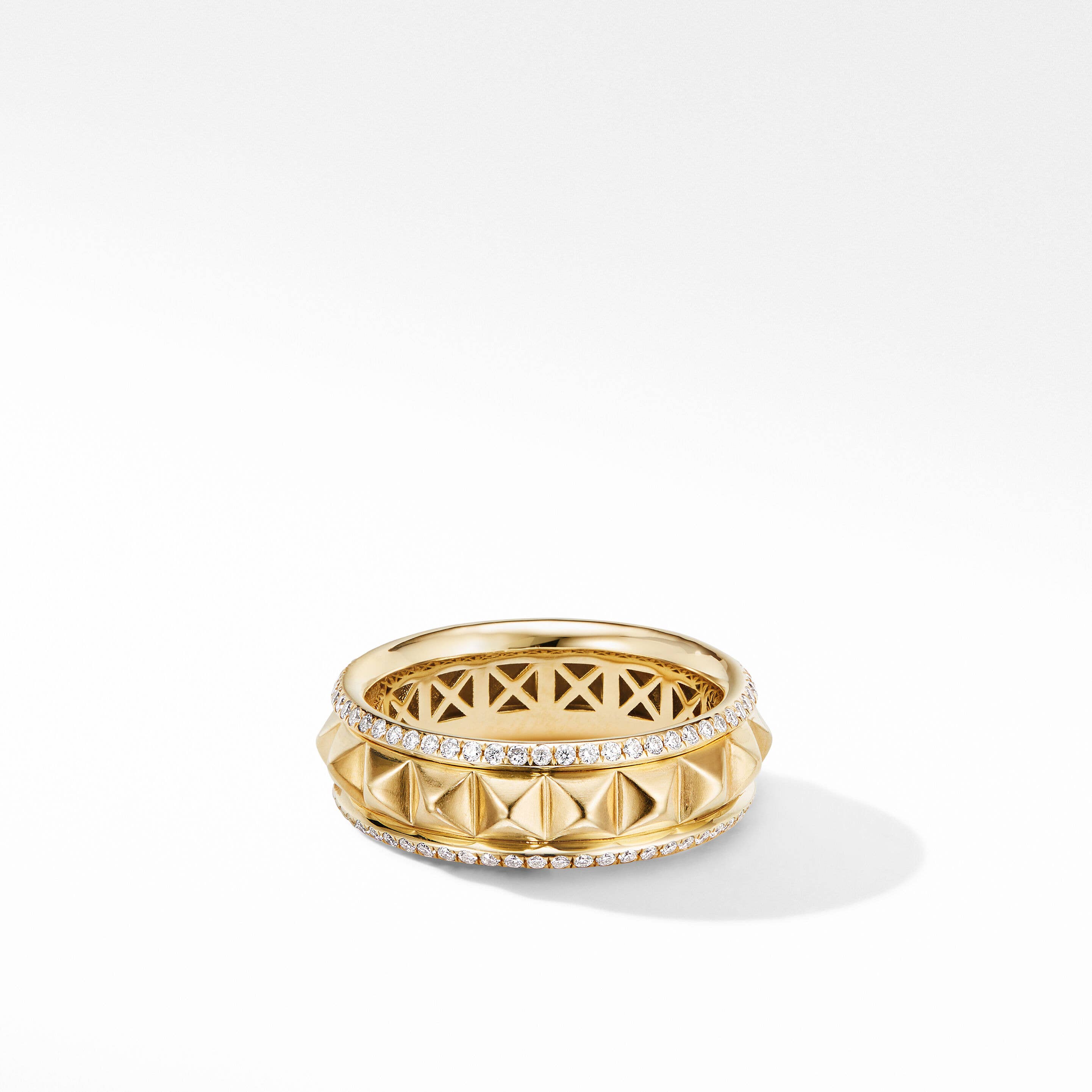 Modern Renaissance Pyramid Band Ring in 18K Yellow Gold with Pavé Diamonds