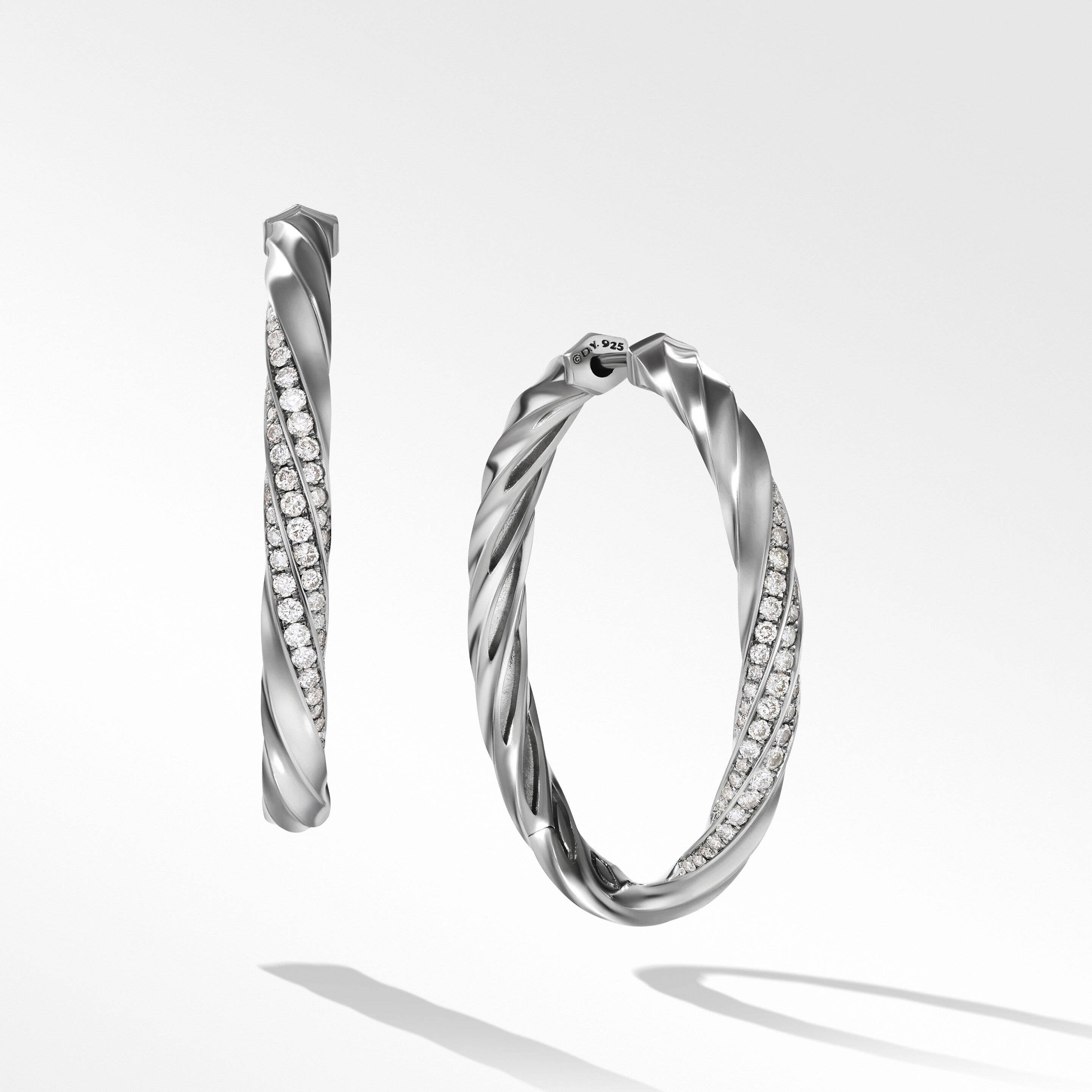 Cable Edge® Hoop Earrings in Sterling Silver with Pavé Diamonds