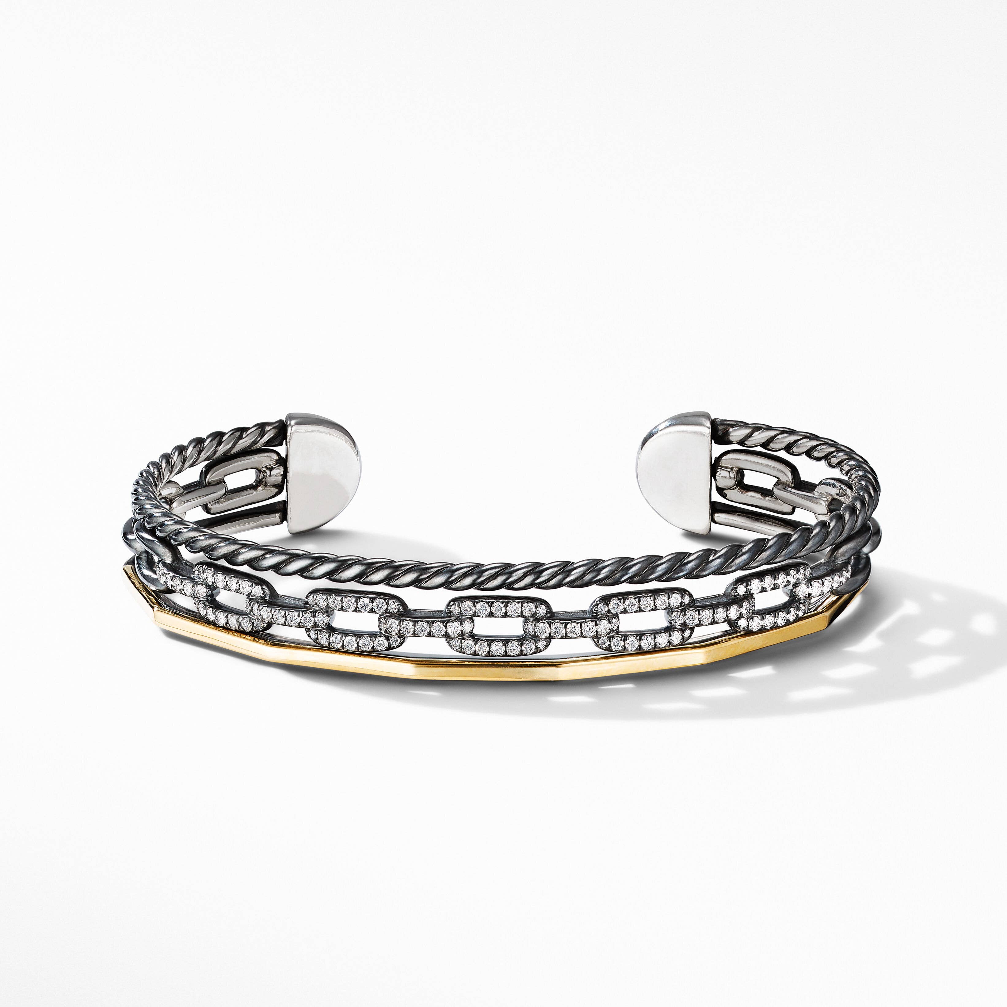 Stax Three Row Cuff Bracelet in Blackened Silver with 18K Yellow Gold and Diamonds, 9.4mm