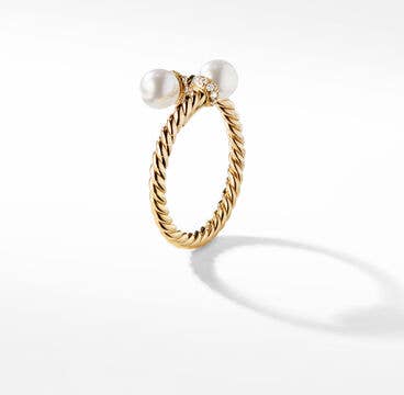 Petite Solari Bypass Ring in 18K Yellow Gold with Pearls and Pavé Diamonds