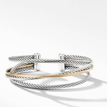 Crossover Three Row Cuff Bracelet in Sterling Silver with 18K Yellow Gold