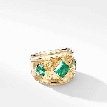 Modern Renaissance Stone Ring in 18K Yellow Gold with Emeralds