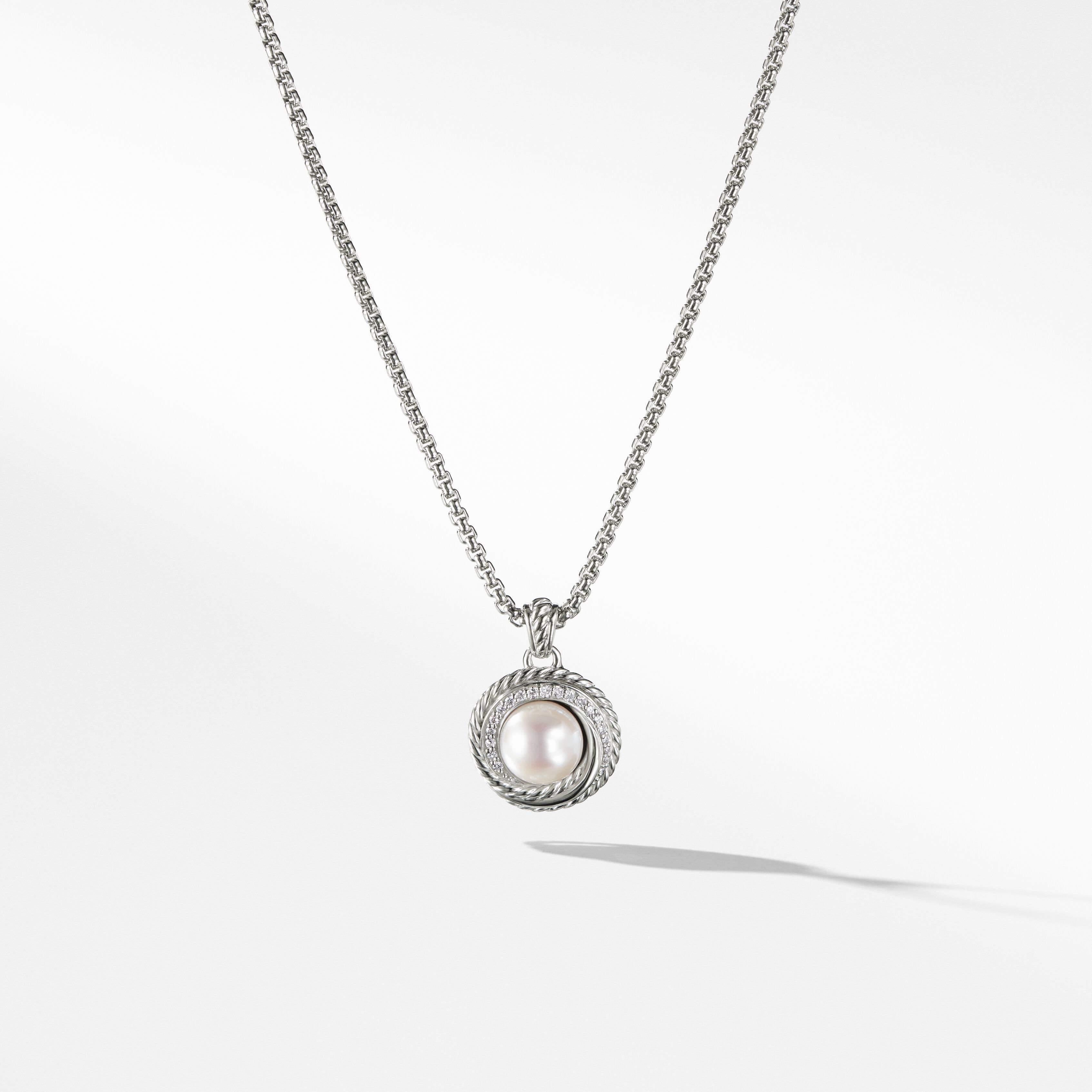 Crossover Pearl Pendant Necklace with Pavé Diamonds