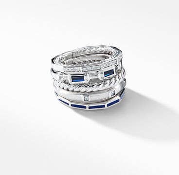 Stax Five Row Ring in 18K White Gold with Sapphires, Blue Enamel and Pavé Diamonds