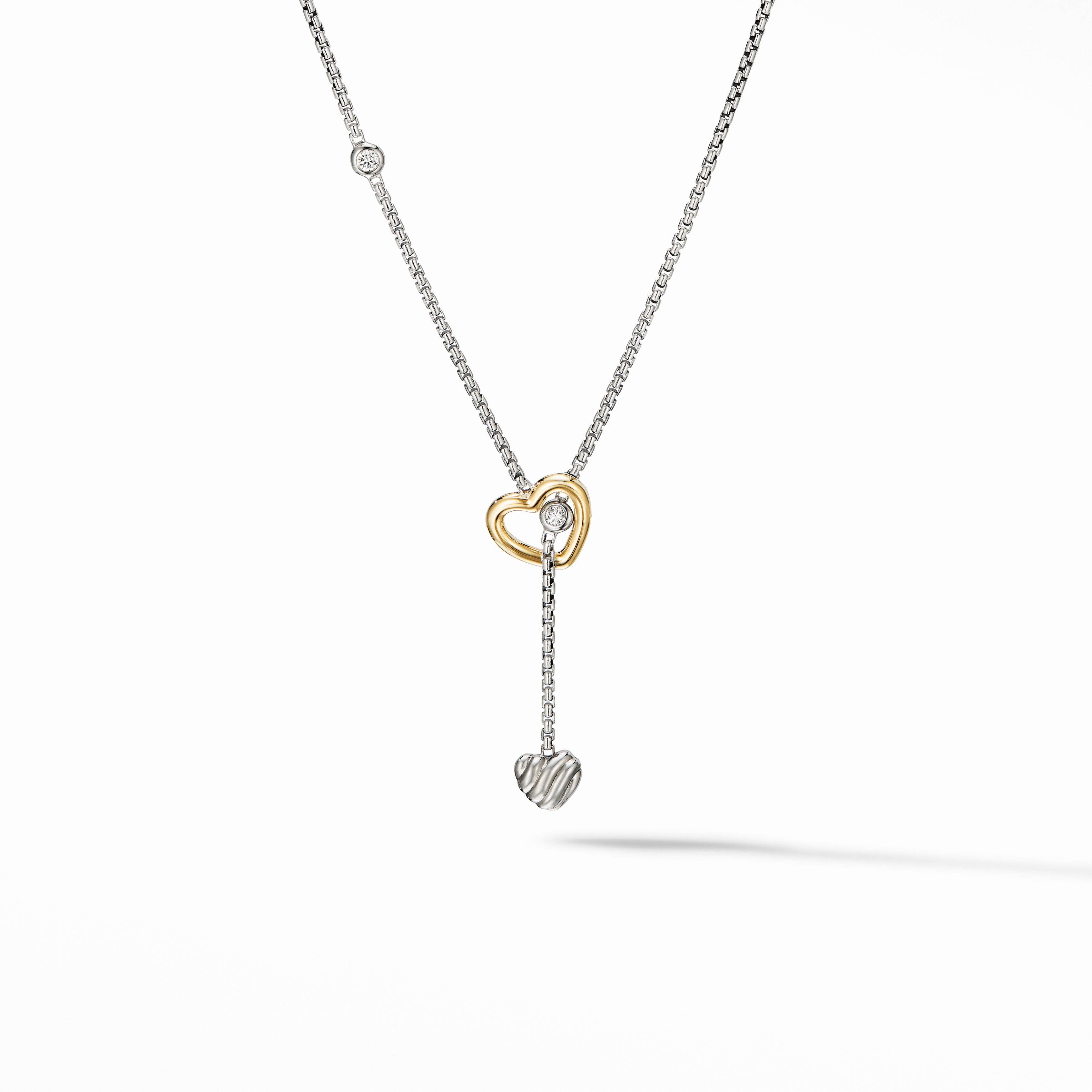 Cable Collectibles® Heart Y Necklace in Sterling Silver with 18K Yellow Gold and Pavé Diamonds