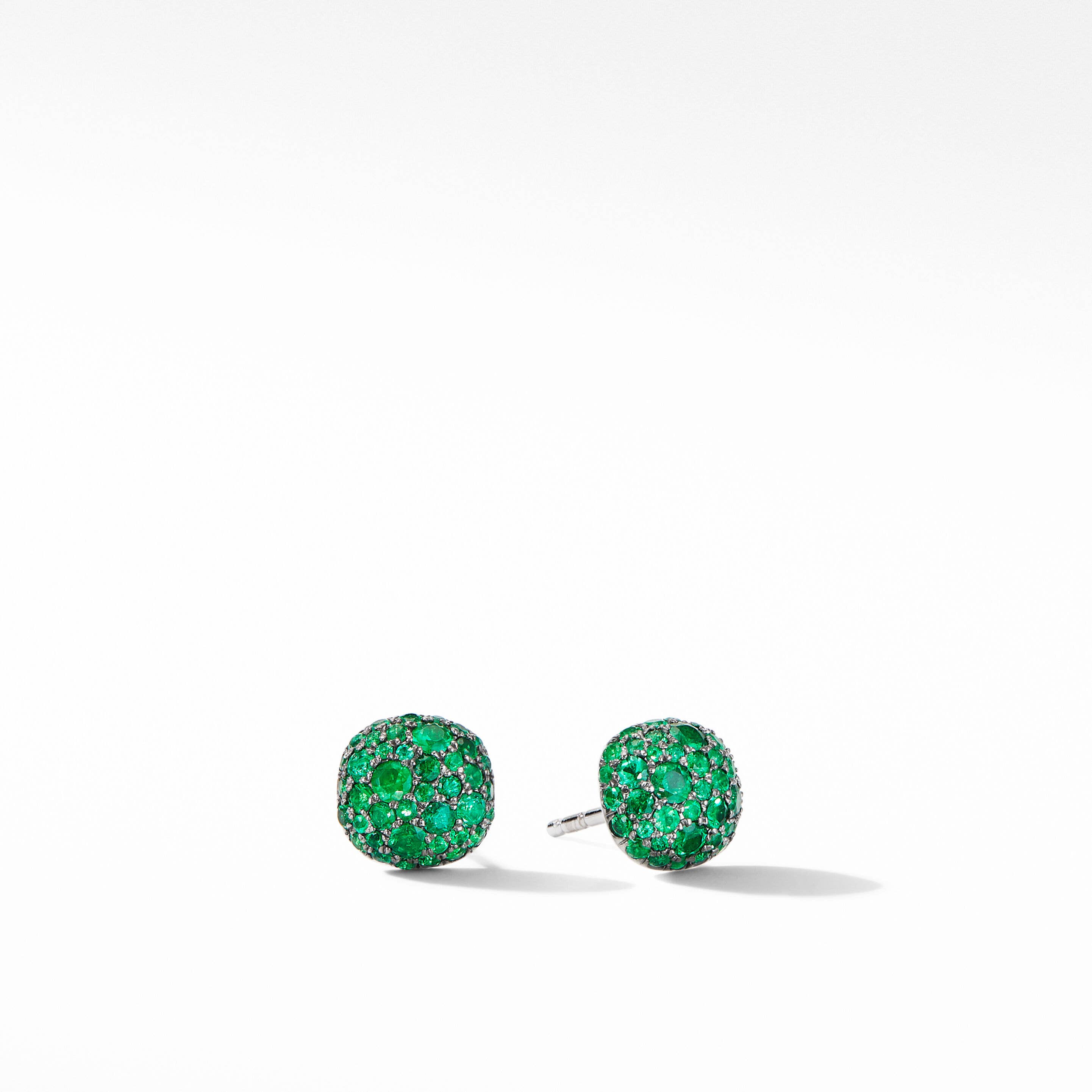 Cushion Stud Earrings in 18K White Gold with Pavé with Emeralds