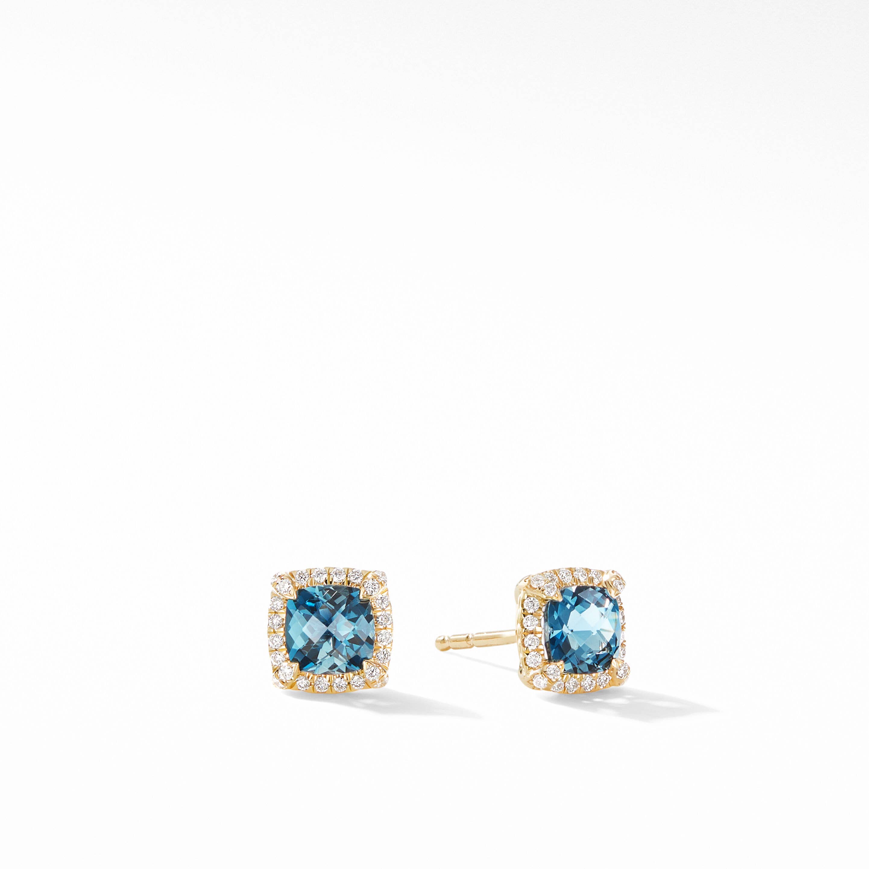 Petite Chatelaine® Pavé Bezel Stud Earrings in 18K Yellow Gold with Hampton Blue Topaz and Diamonds