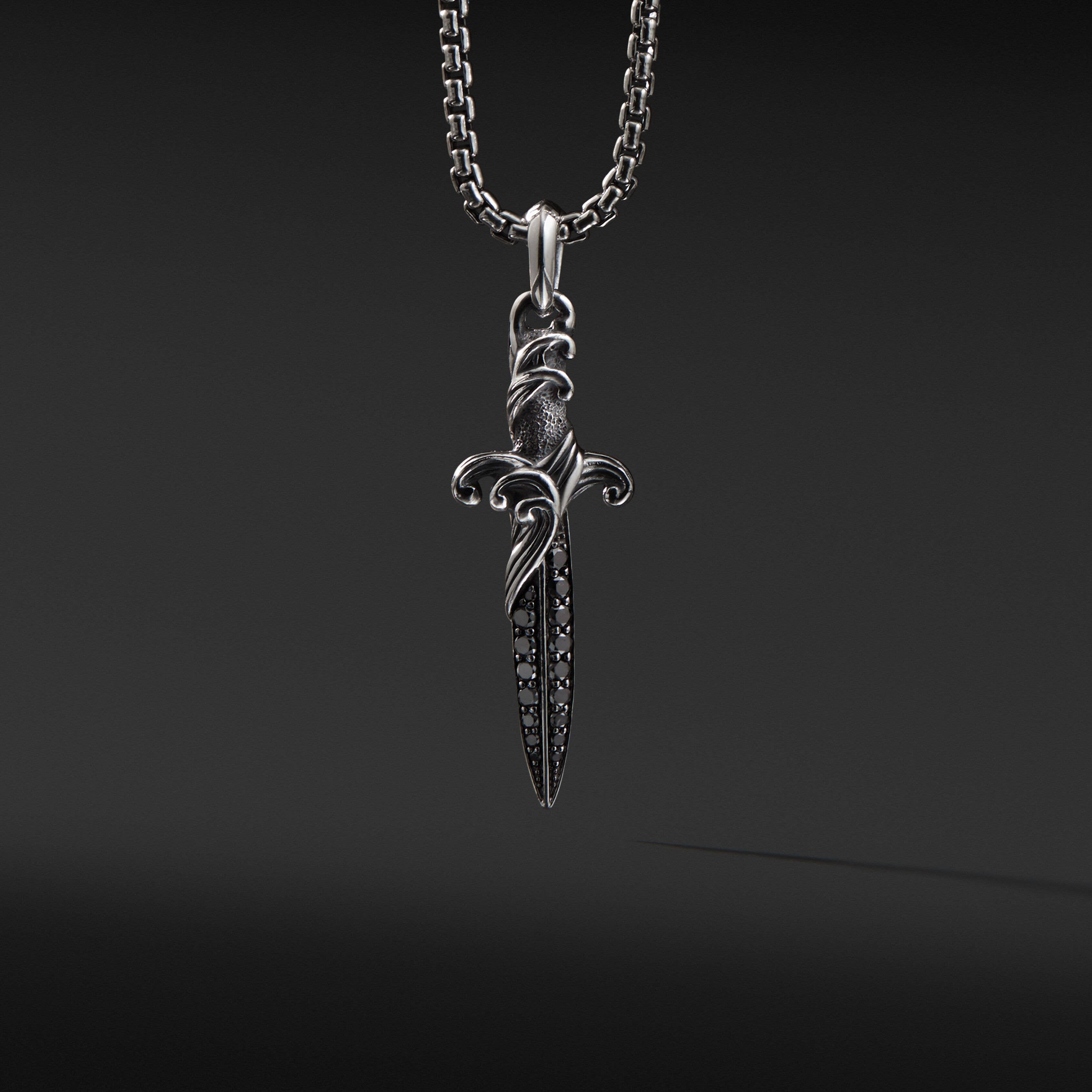 Waves Dagger Amulet in Sterling Silver with Pavé Black Diamonds