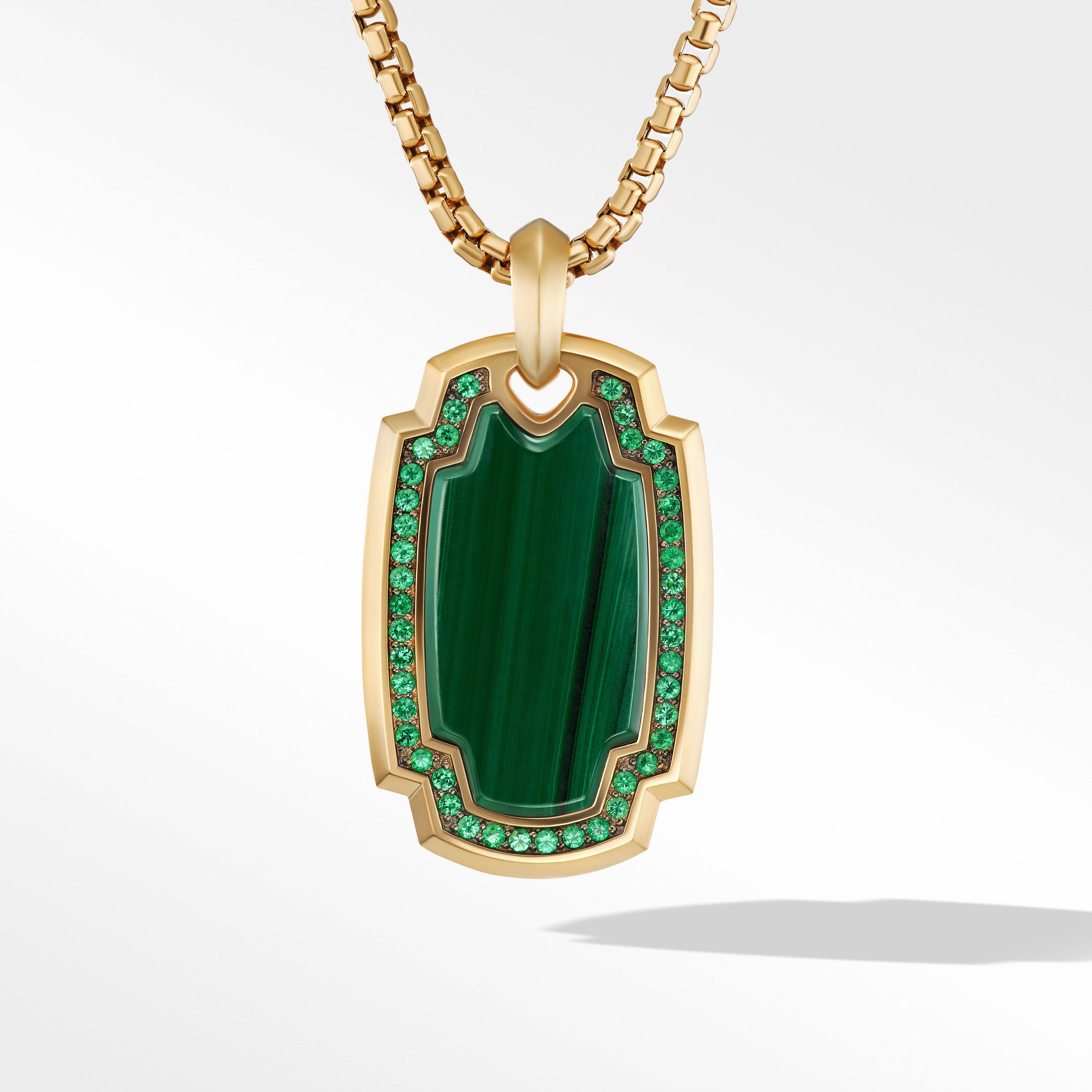 Elongated Amulet in 18K Yellow Gold with Malachite and Pavé Emeralds