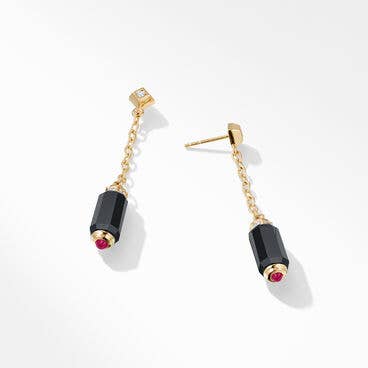 Lexington Barrel Chain Drop Earrings in 18K Yellow Gold with Black Onyx, Pavé Diamonds and Rubies