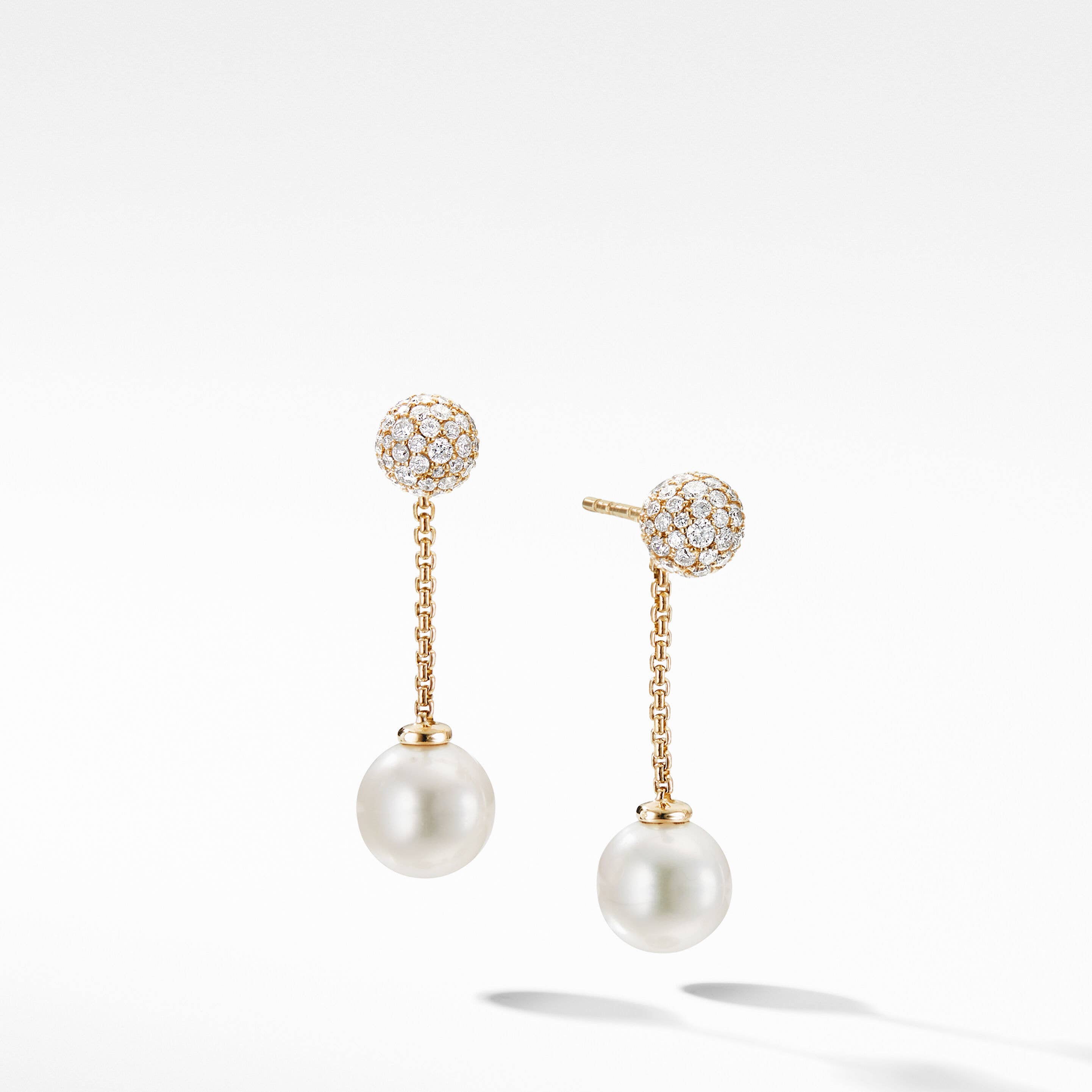 Solari Chain Drop Earrings in 18K Yellow Gold with Pearls and Pavé Diamonds