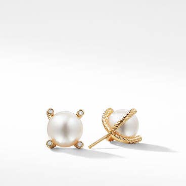 Cable Pearl Stud Earrings in 18K Yellow Gold with Diamonds